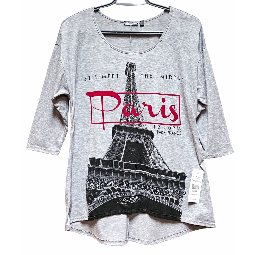Hannah Women's Gray Paris Eiffel Graphic Rhinestone Scoop Neck 3/4 Sleeve S
